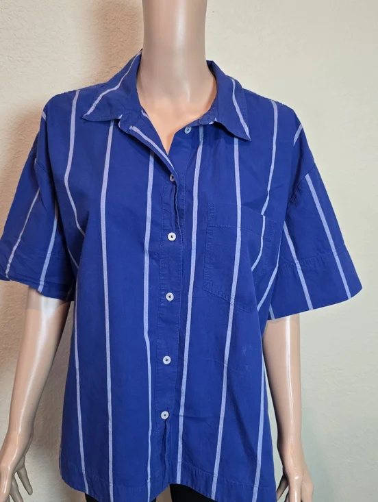 MADEWELL Blue Striped Boxy Cotton Button Up Collared Neckline Shirt Size Xl - Picture 9 of 16